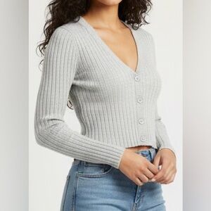 AERIE Heather Grey Essential Ribbed Cropped Cardigan - Size Small